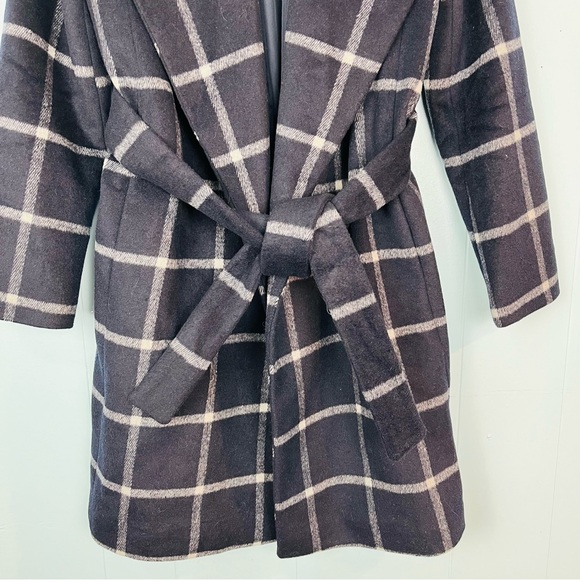 Ann Taylor Sz Medium Tall MT Window Pane Navy Blue Plaid Wrap Wool Long Coat - Picture 3 of 8